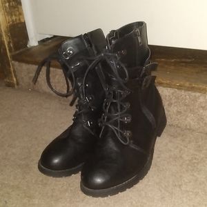 Black lace buckled strap ankle combat boots